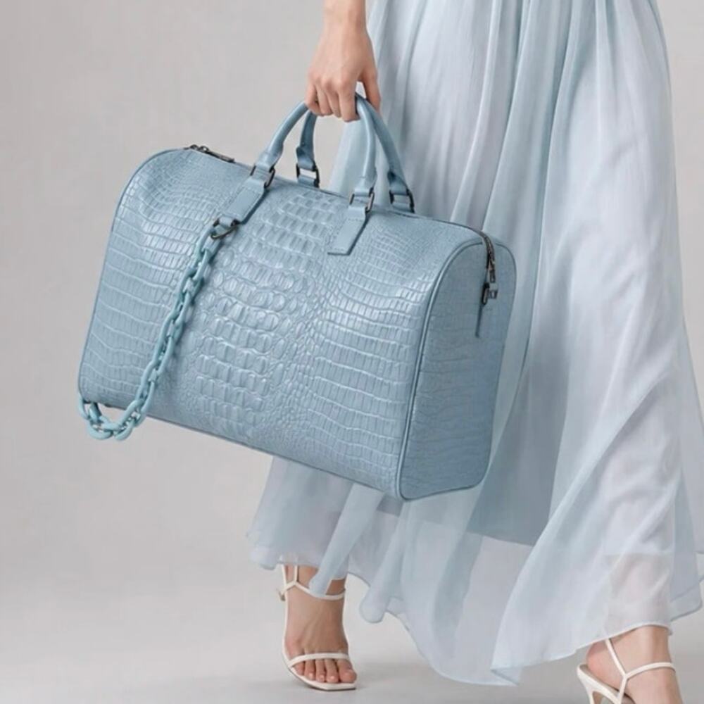 New Privata Celeste Croco Holdall Croc-Embossed Weekender Duffle Bag